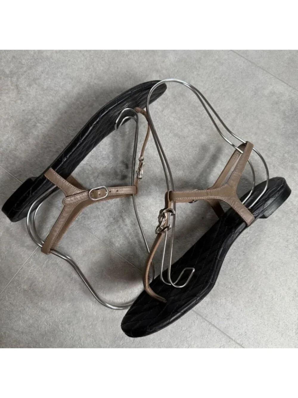 Chanel Thong Sandals Quilted Coco Mark Flat Shoes Black Beige Silver - Picture 5 of 10